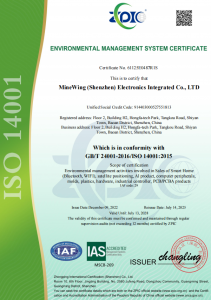 ISO 14001:2015 Environmental Management System Certificate awarded to Minewing for compliant intelligent manufacturing solutions.
