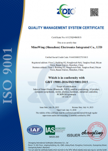 ISO 9001:2015 Quality Management System Certificate demonstrating Minewing's rigorous quality control in contract manufacturing solutions.